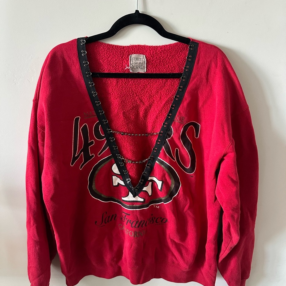 LF Red Vintage V-Neck Sweater with Black Accents